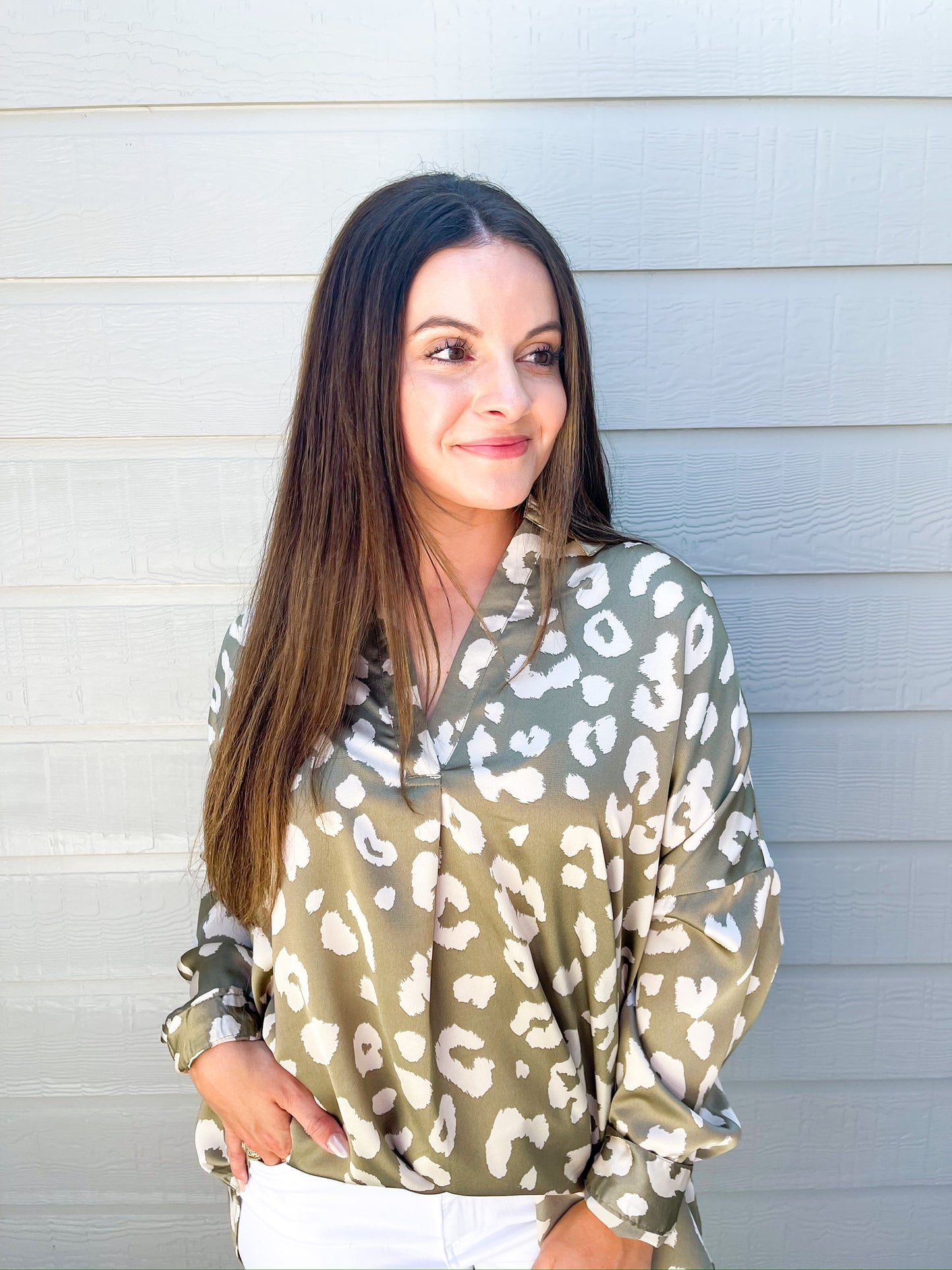 Mocha Spotted VNeck Blouse - Southern Belle Boutique