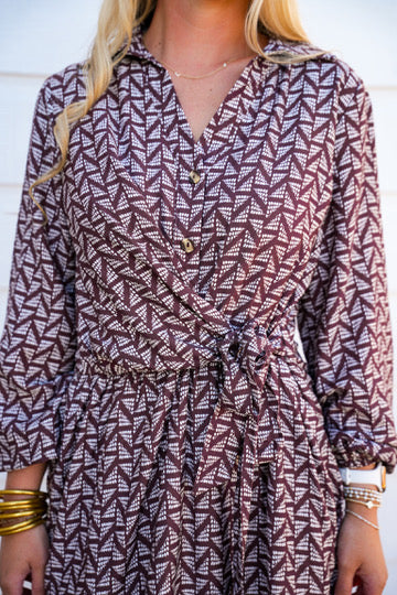 Brown Abstract Waist Tie Mini Dress