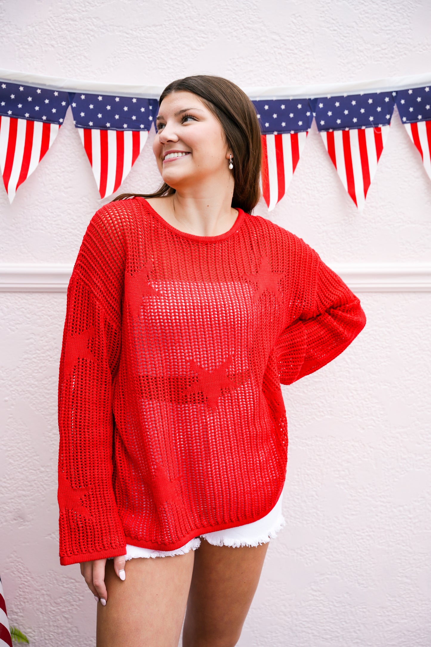 Red Star Pattern Crochet Sweater - Southern Belle Boutique
