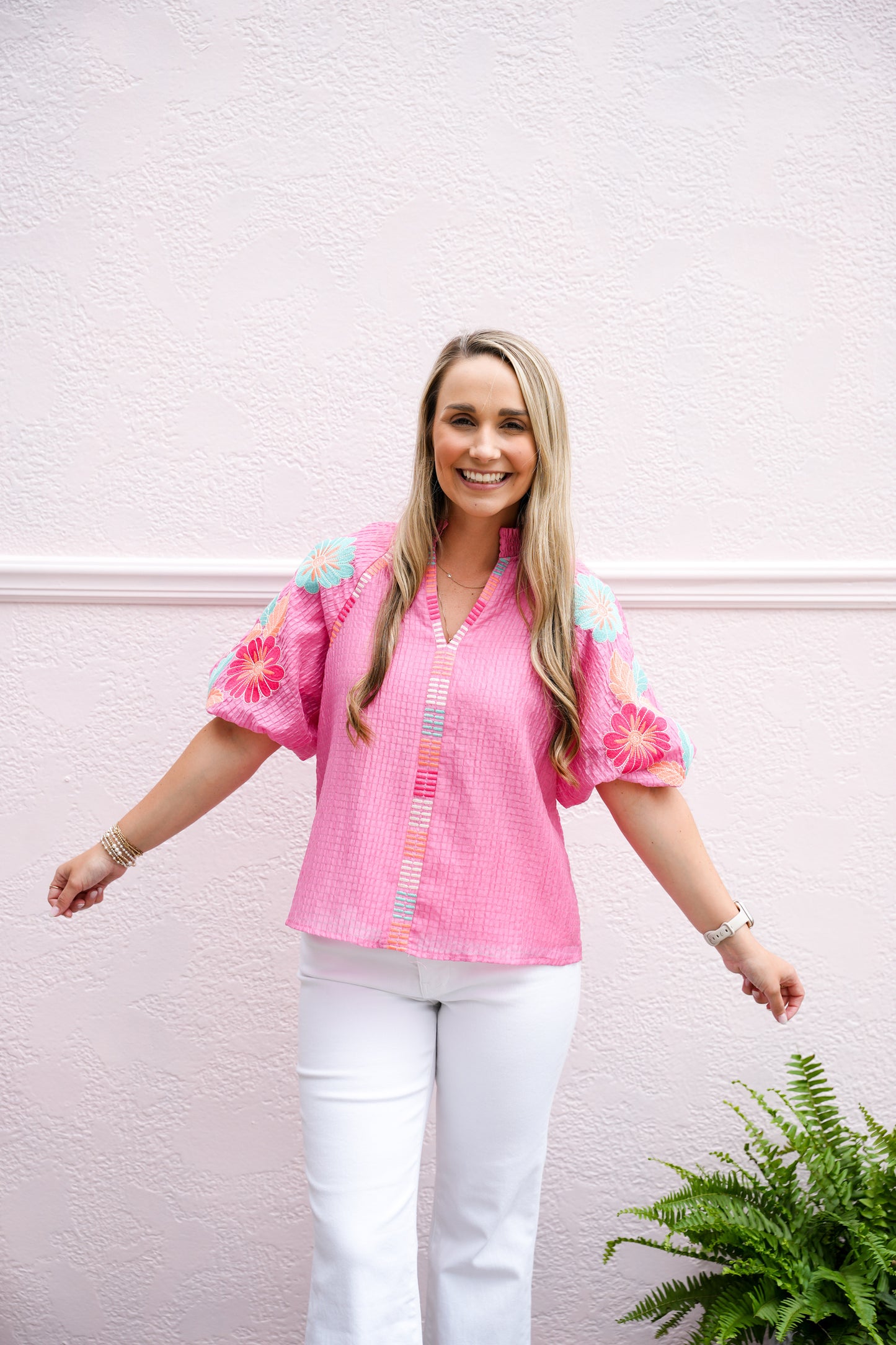 Embroidered Puff Sleeve Textured Top - Pink - Southern Belle Boutique