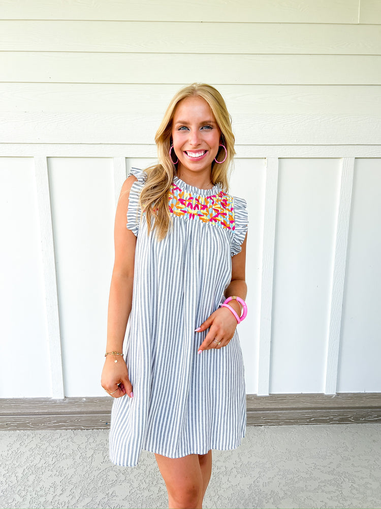 Black Striped Multi Color Emb Dress - Southern Belle Boutique