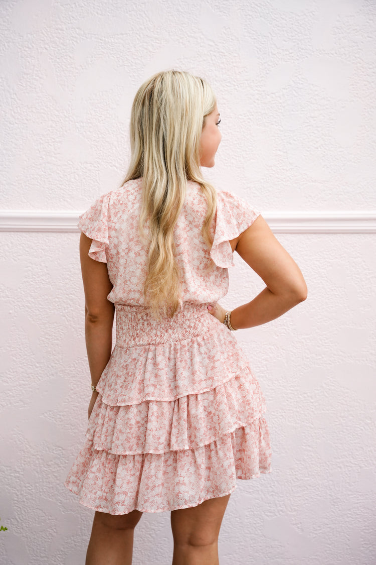 Floral Butterfly Short Sleeve Ruffle Mini Dress
