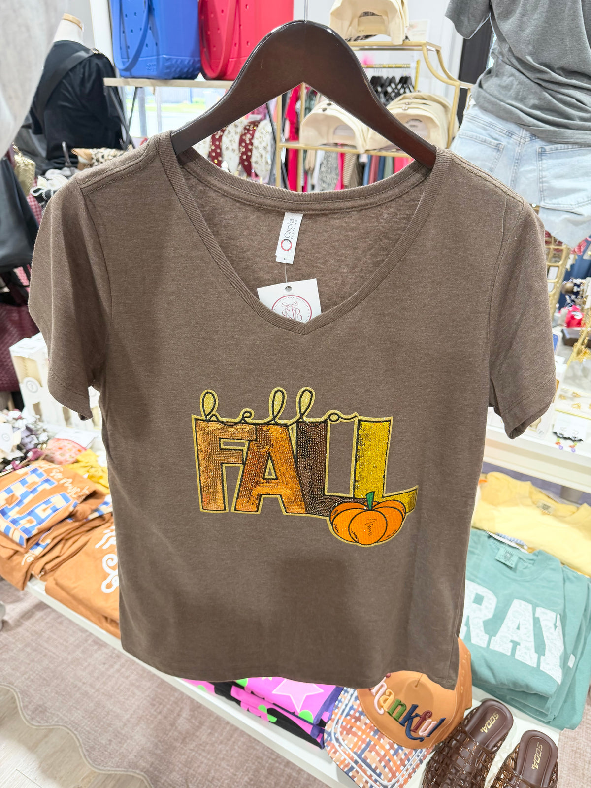 Hello Fall Sequin Brown Tee - Southern Belle Boutique
