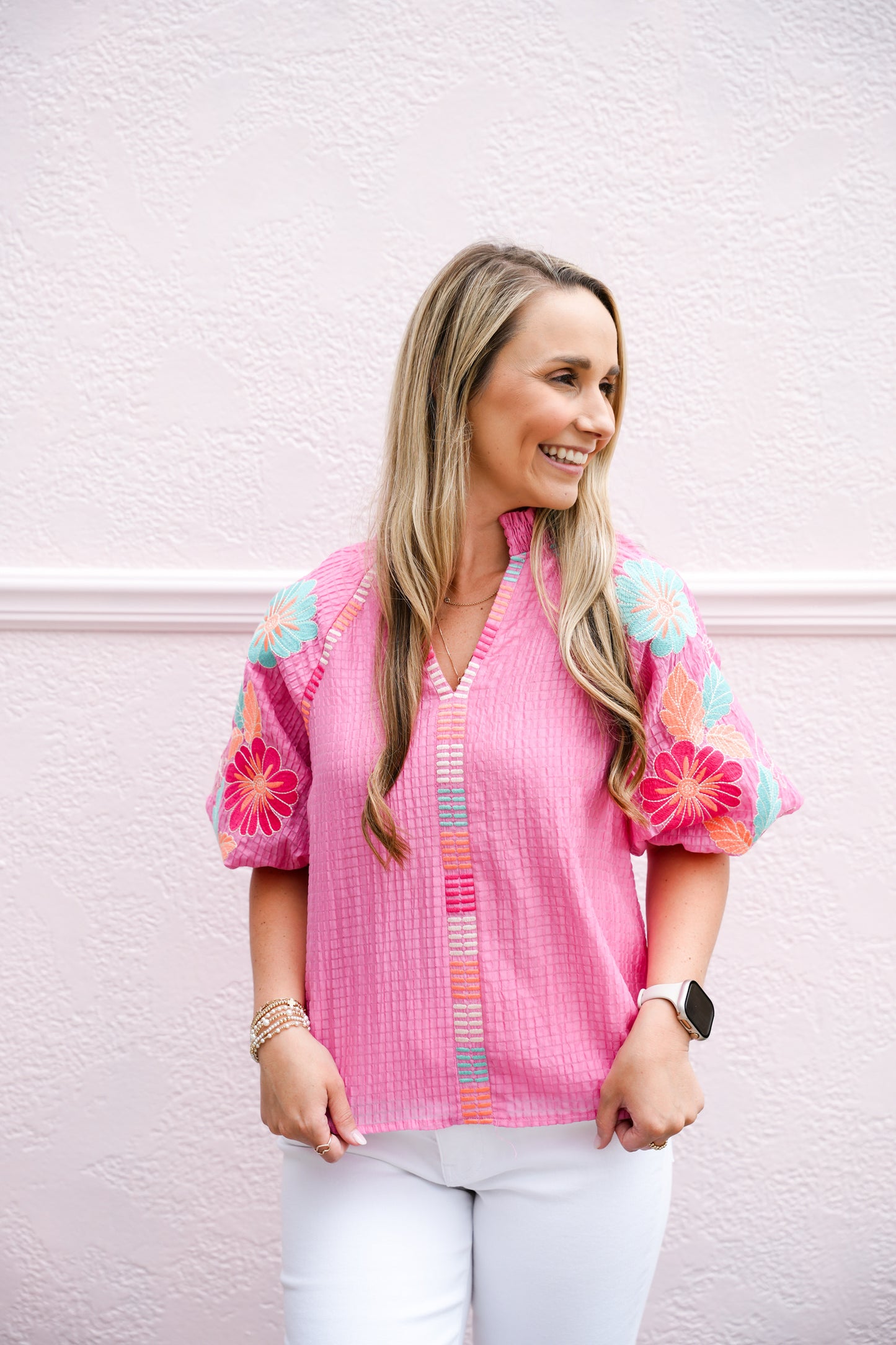 Embroidered Puff Sleeve Textured Top - Pink - Southern Belle Boutique