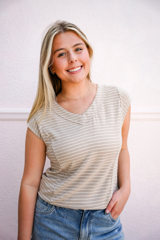 Taupe VNeck Hacci Striped Top - Southern Belle Boutique