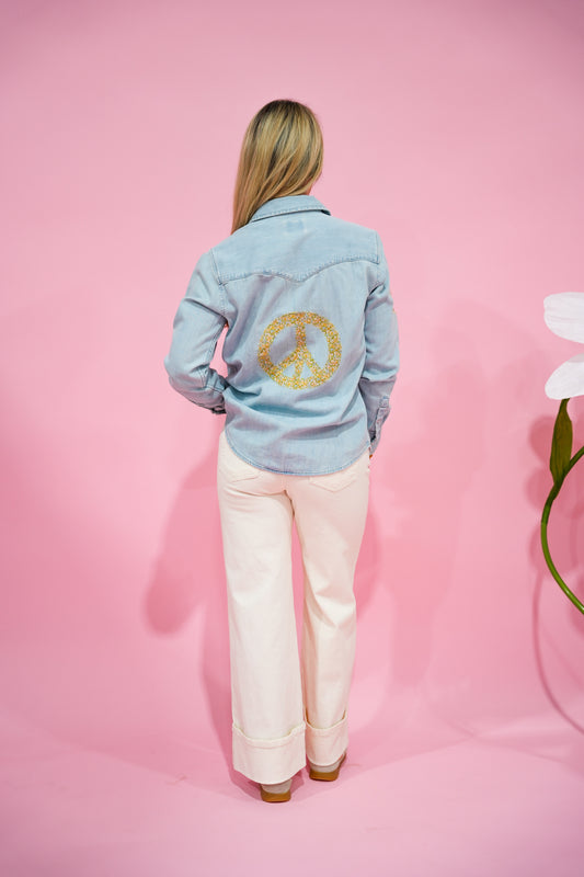 Denim Chambray w/Patches/Peace - Southern Belle Boutique