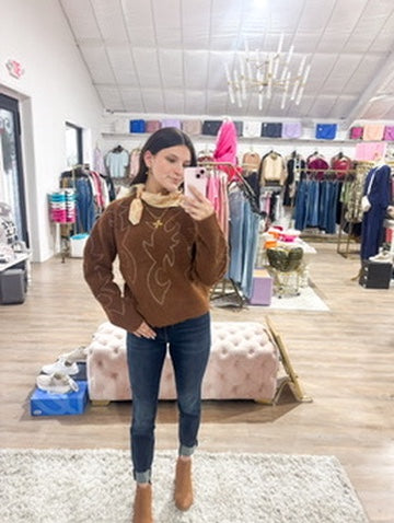Western Boots Stitched Sweater - Southern Belle Boutique