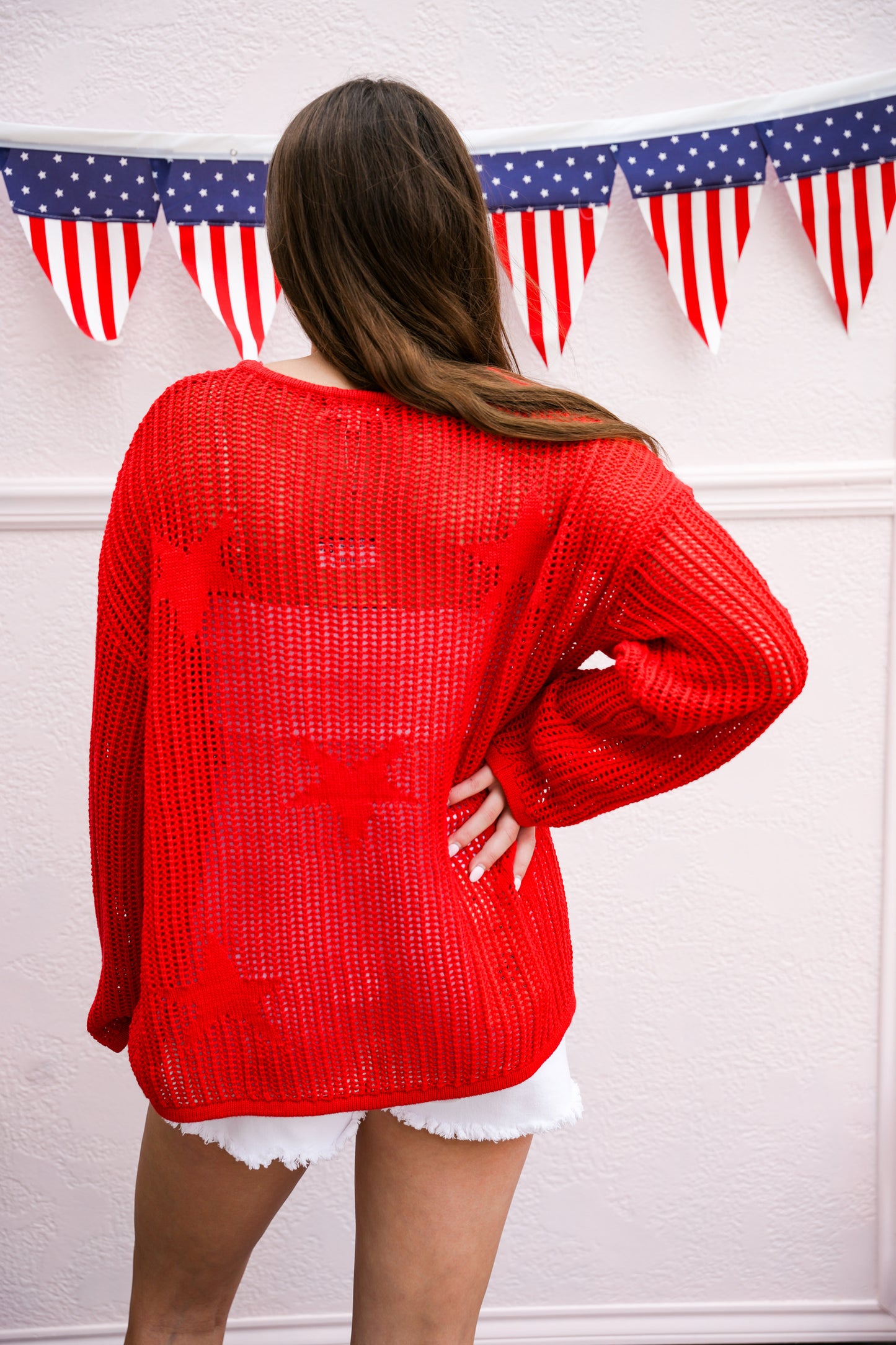 Red Star Pattern Crochet Sweater - Southern Belle Boutique