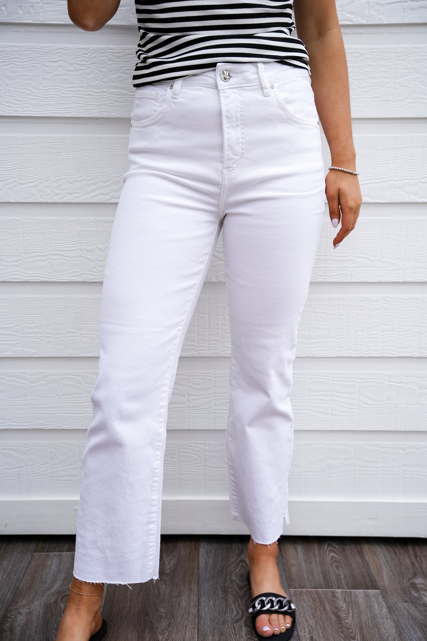 White Tummy Control High Rise Raw Hem Jean - Southern Belle Boutique
