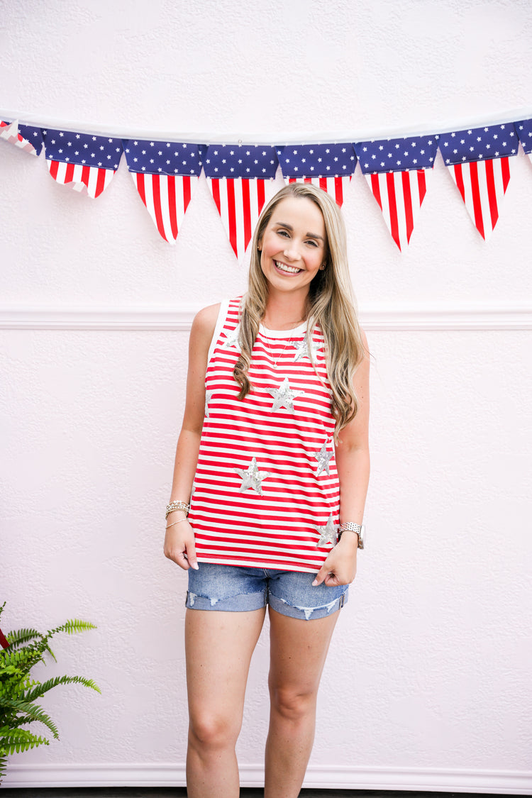 Star' Sequin Patched Stripe Round Neck Tank Top - White/Red
