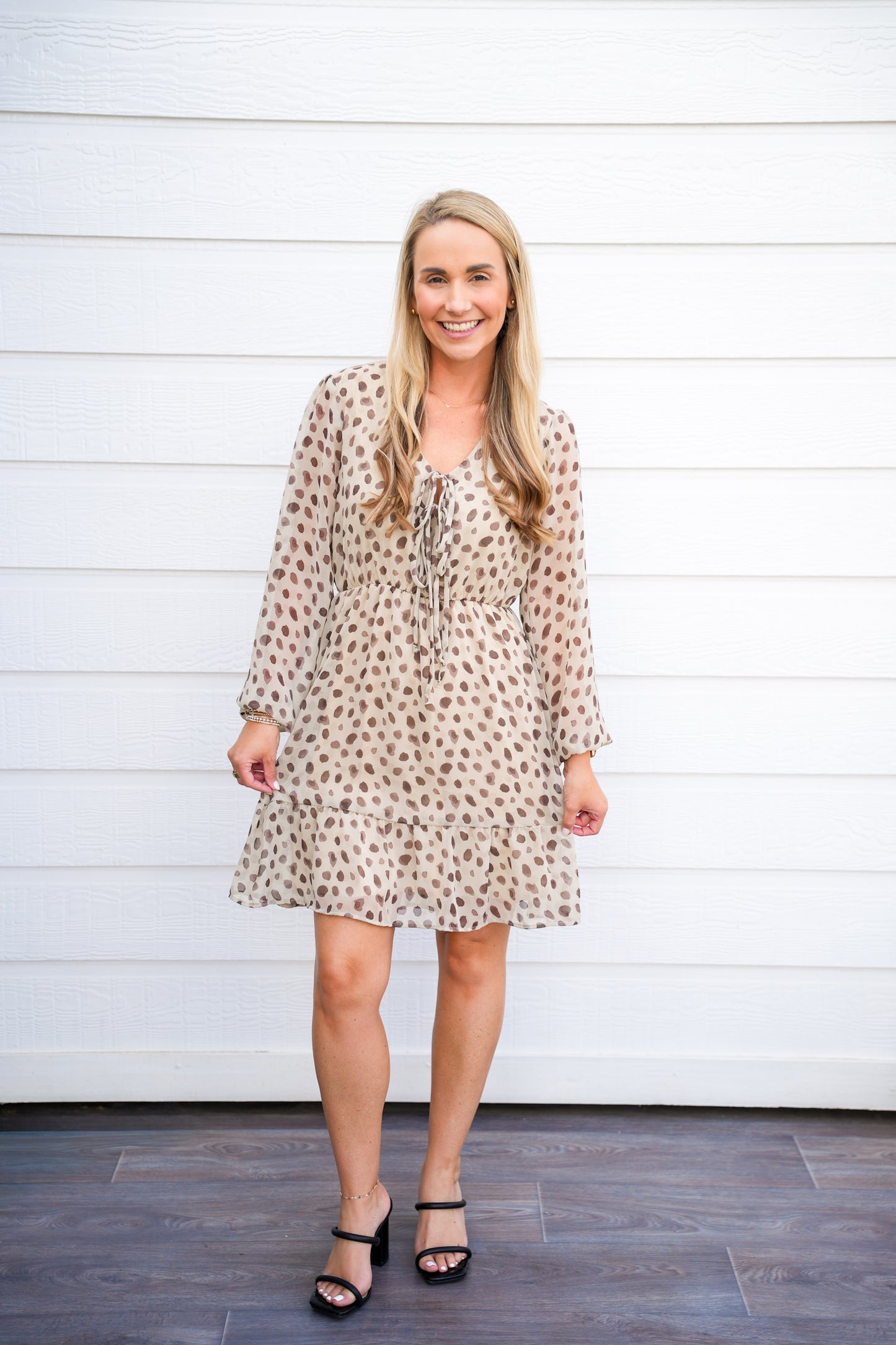 Tan Brown Spotted VNeck Front Tie Mini Dress