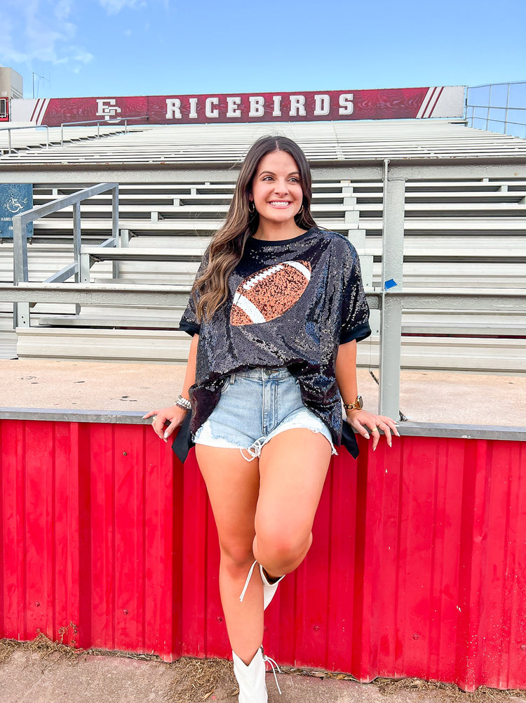 Football Sequin Black Top - Southern Belle Boutique