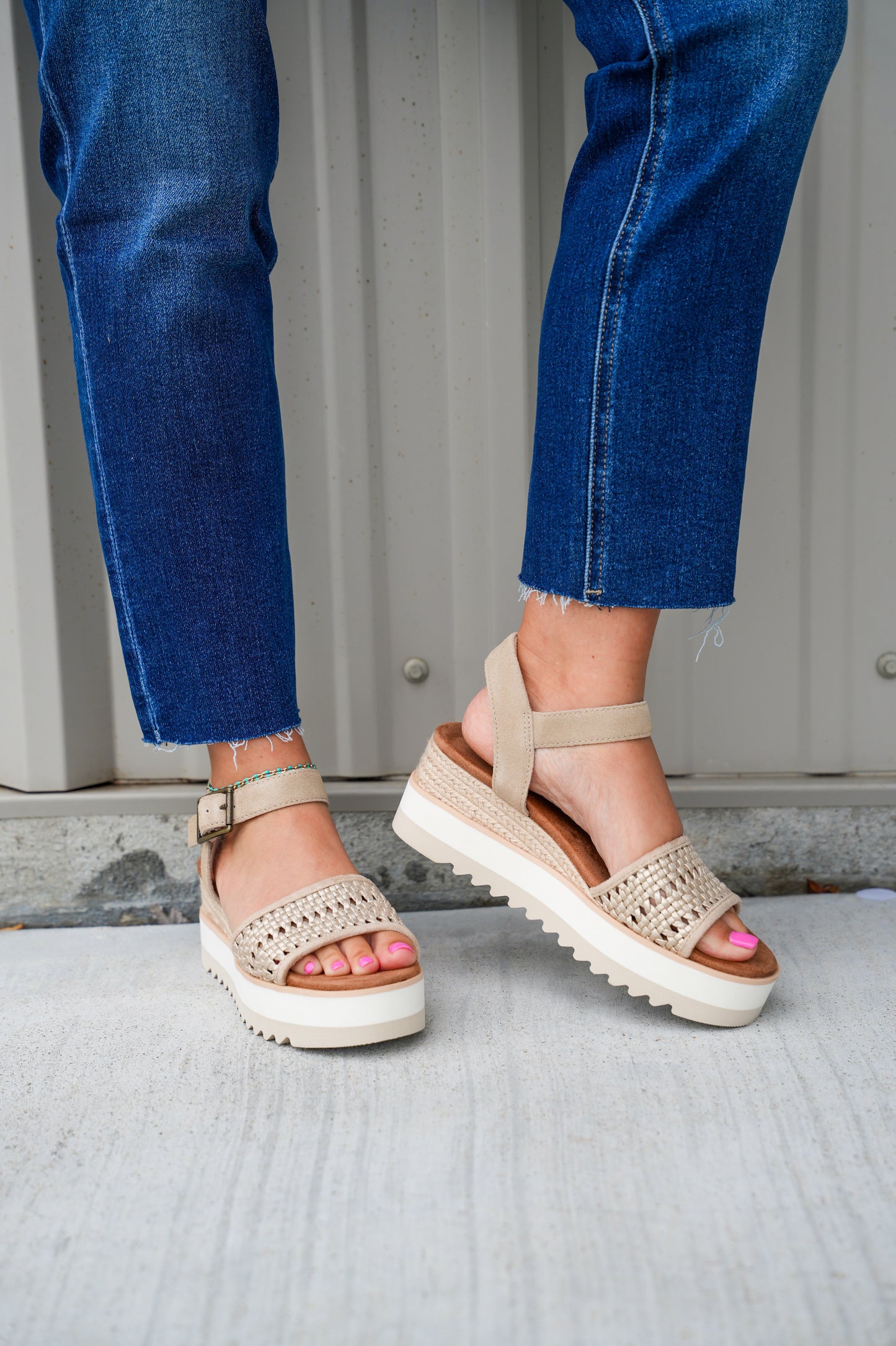 Diana Wedge Sandal - Champagne Metallic Basket Weave - Southern Belle Boutique