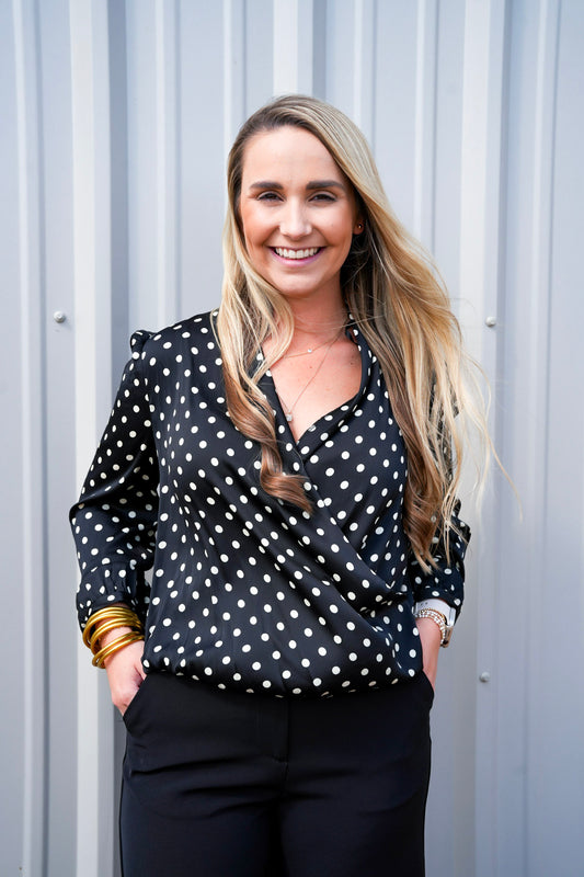 Black Polka Dot Satin Blouse - Southern Belle Boutique