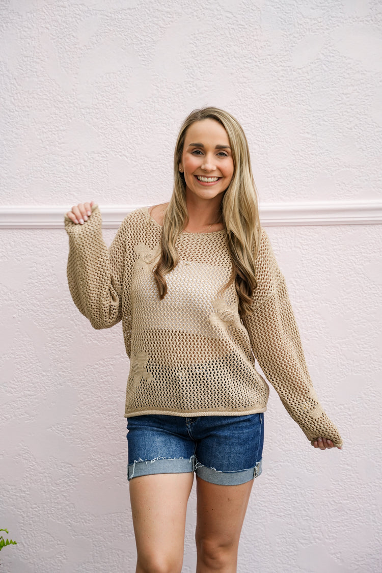 Beige Flower Crochet Stitch Sweater