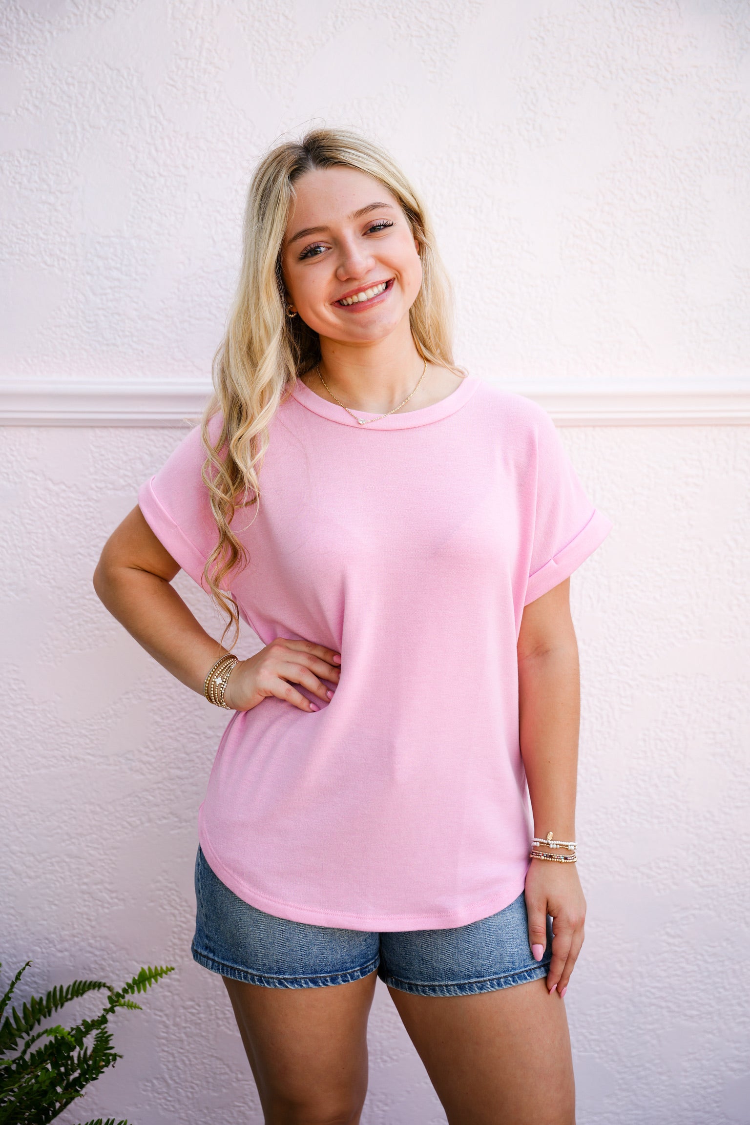 Lt Pink Rolled Sleeve Top - Southern Belle Boutique