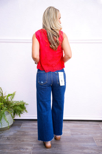 Risen High Rise Crop Wide Button Up Jean - Dark