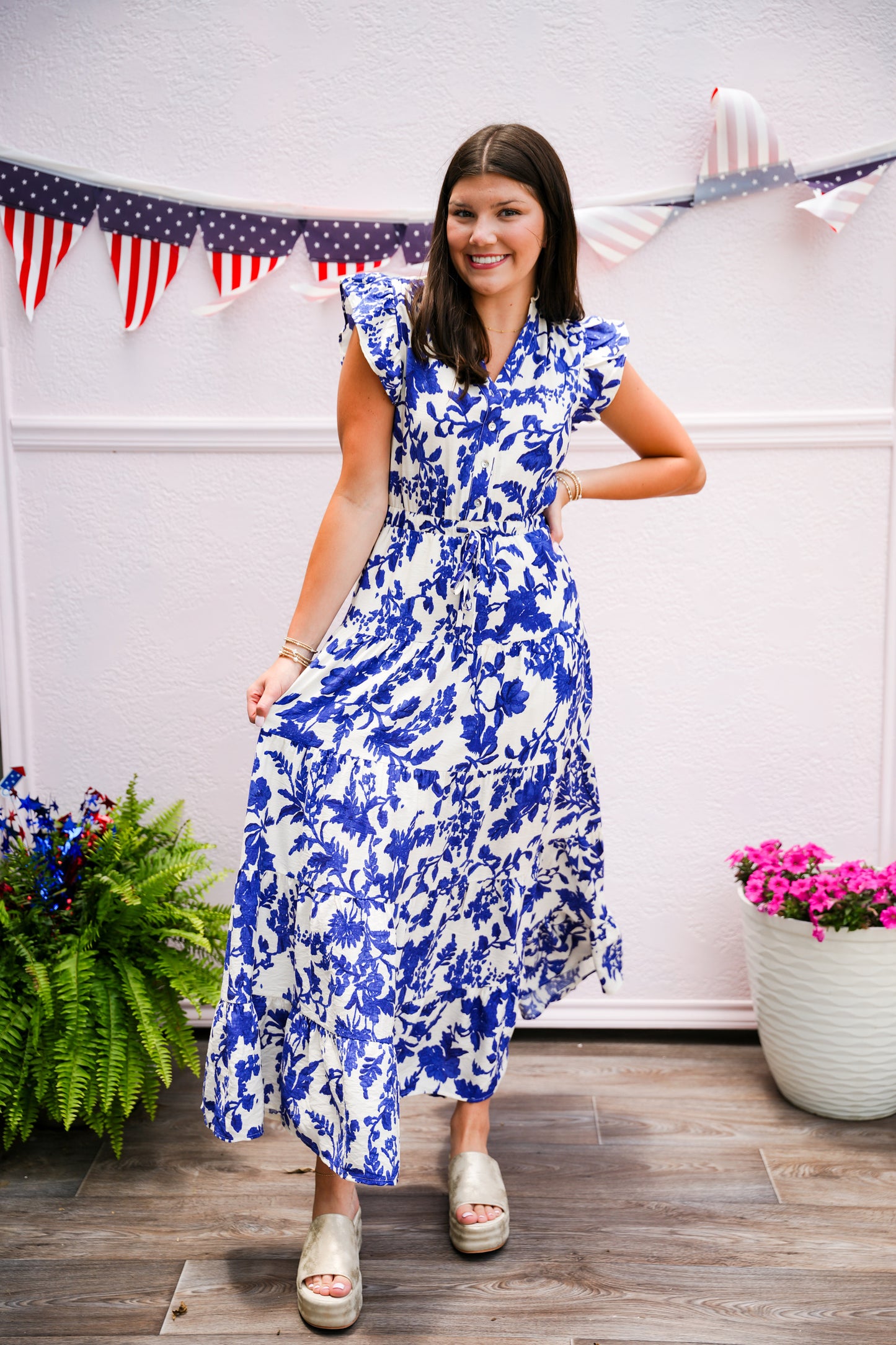 Blue Floral Printed Tiered Maxi Dress