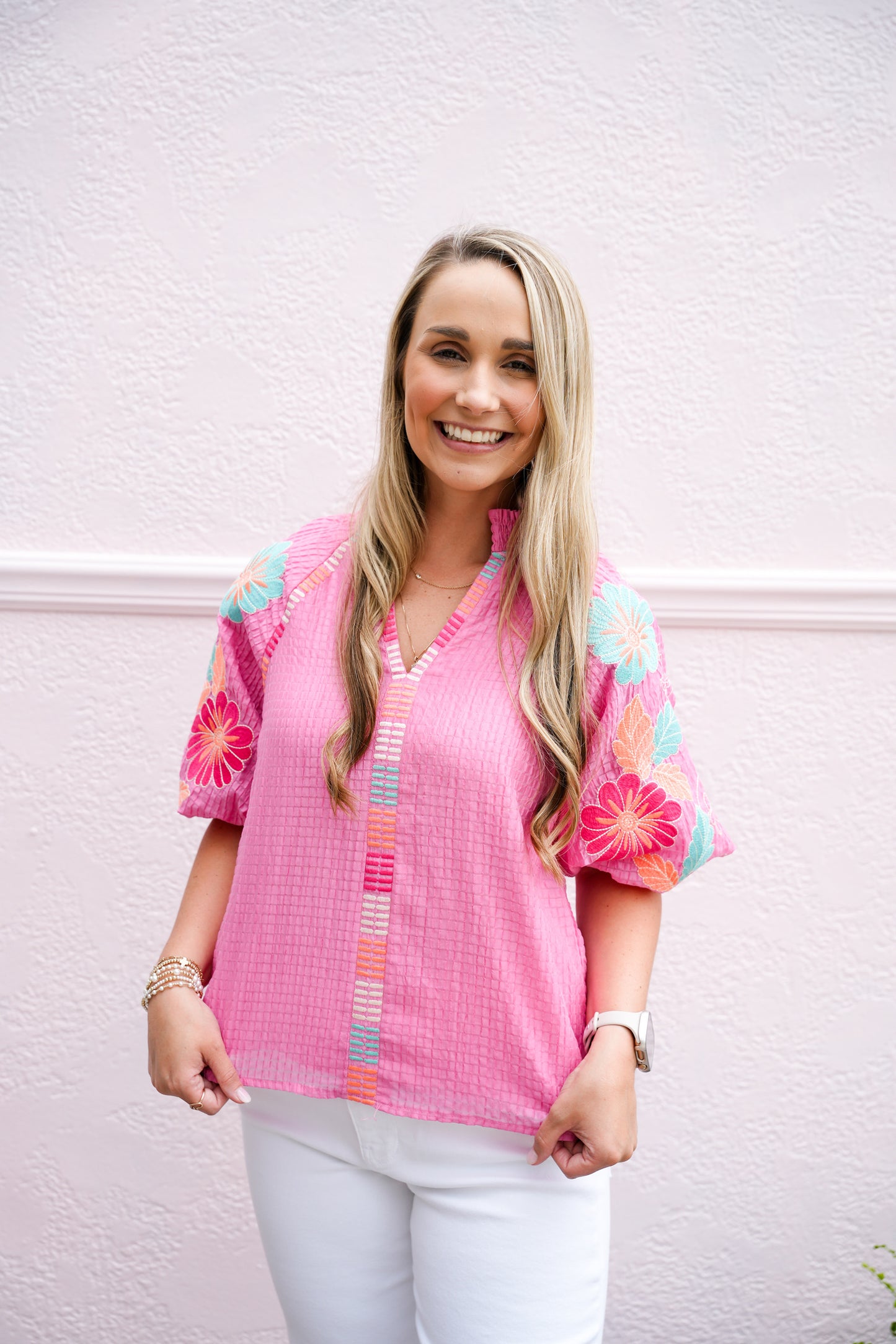 Embroidered Puff Sleeve Textured Top - Pink - Southern Belle Boutique