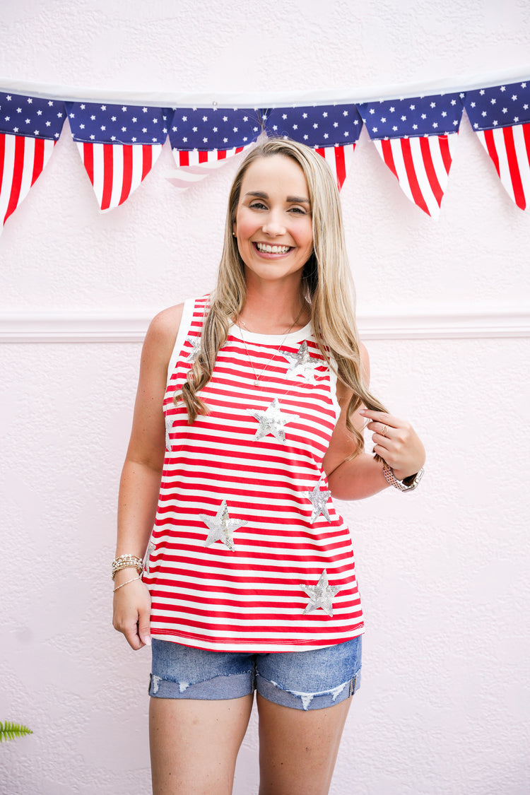 Star' Sequin Patched Stripe Round Neck Tank Top - White/Red