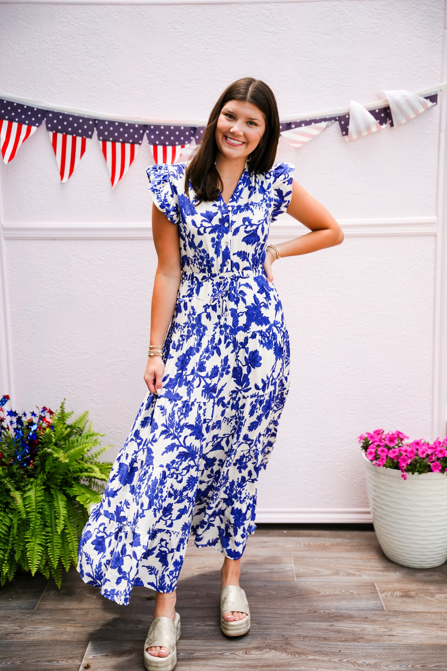 Blue Floral Printed Tiered Maxi Dress