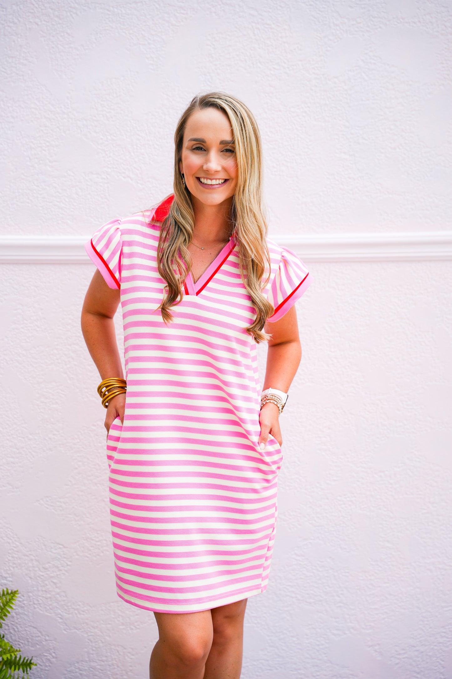 Pink Striped Contract Collar Dress