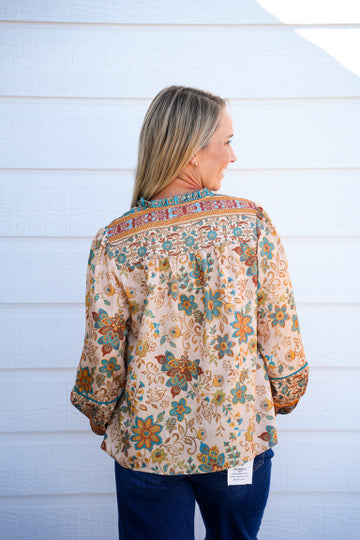Taupe Teal Paisley Border Printed Top