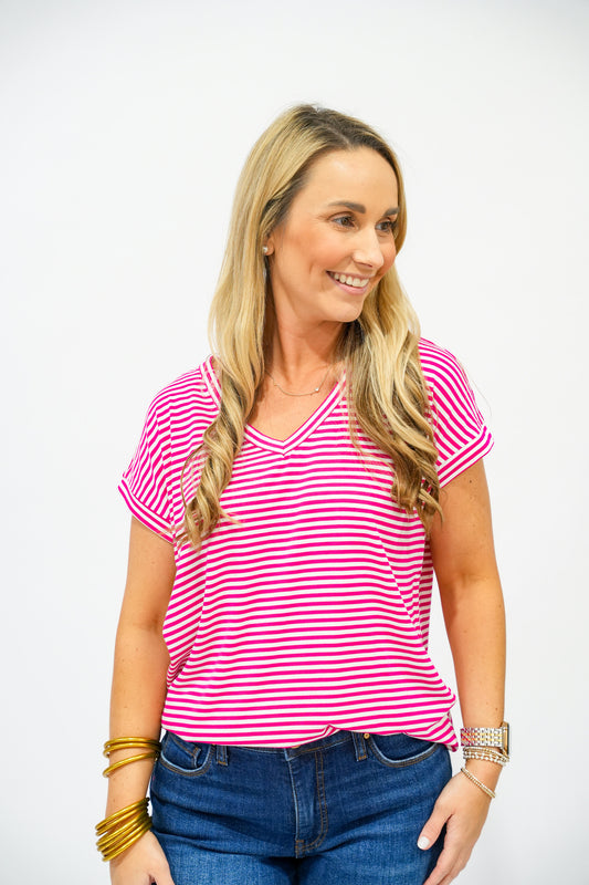 Fuchsia Striped VNeck Top - Southern Belle Boutique