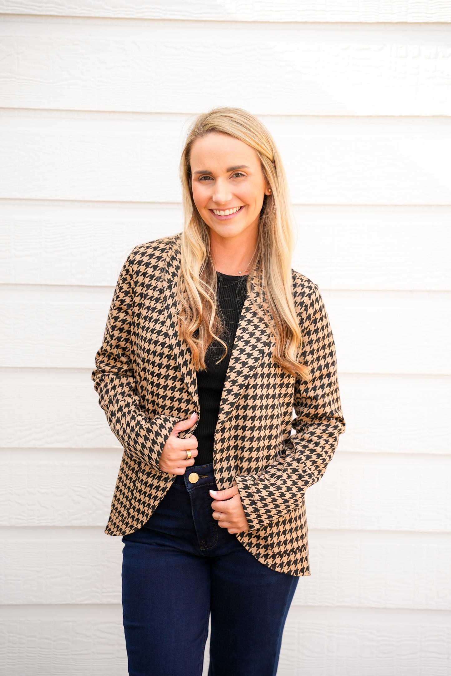 Mocha Black Houndstooth Jacquard Blazer