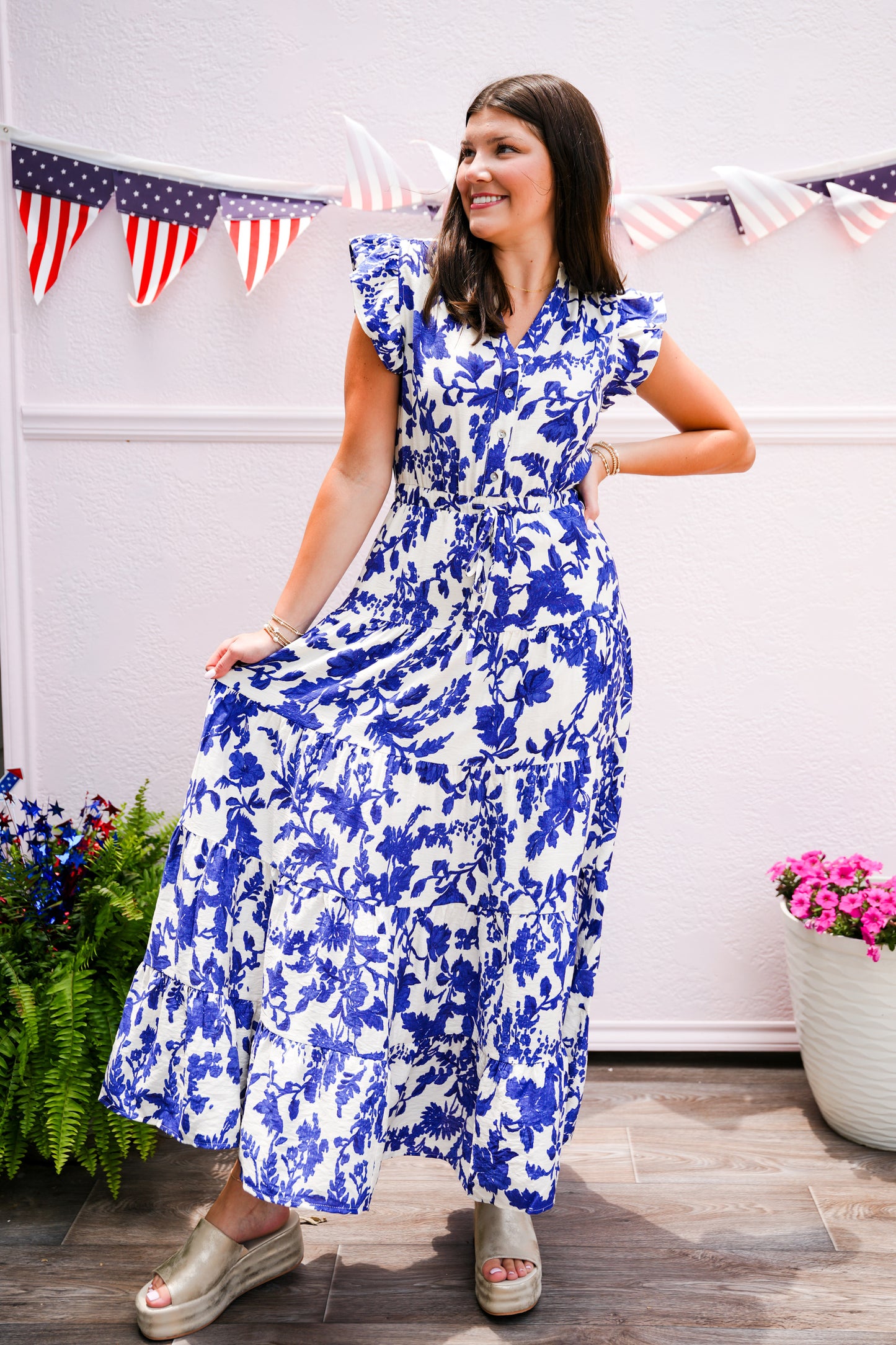 Blue Floral Printed Tiered Maxi Dress