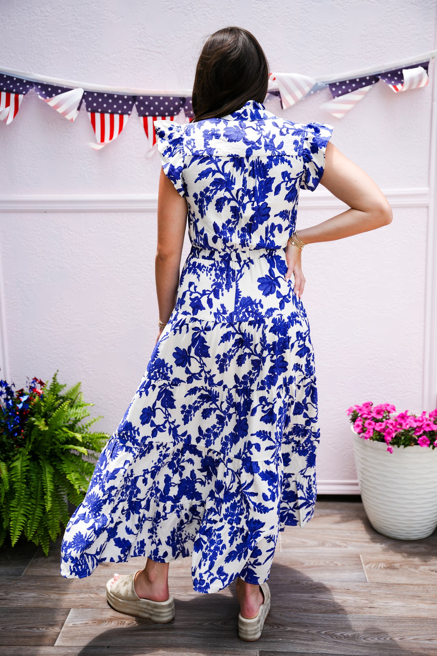 Blue Floral Printed Tiered Maxi Dress