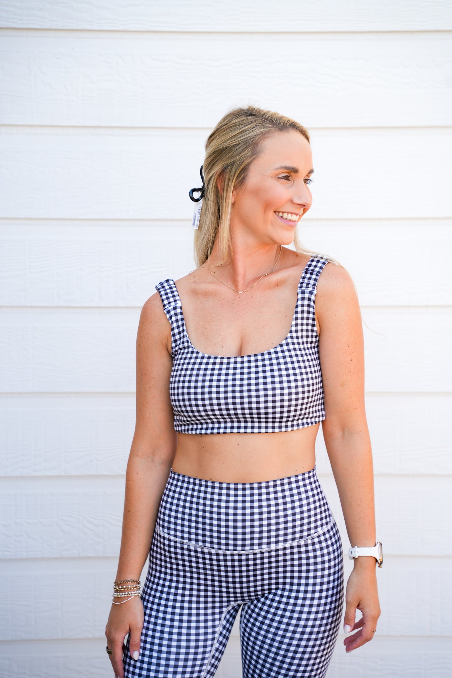 Black Gingham Print Ruched Bra Top