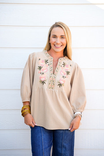 Taupe Embroidered Blouse