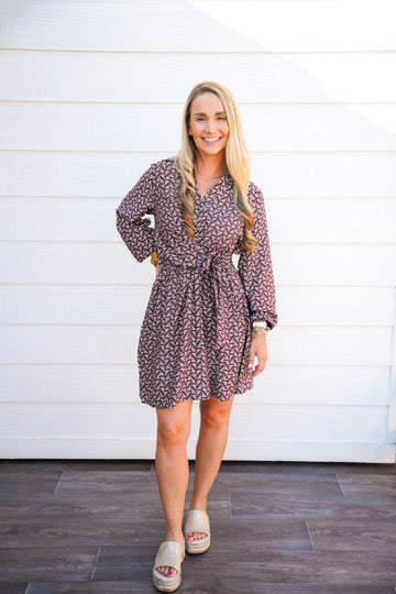 Brown Abstract Waist Tie Mini Dress