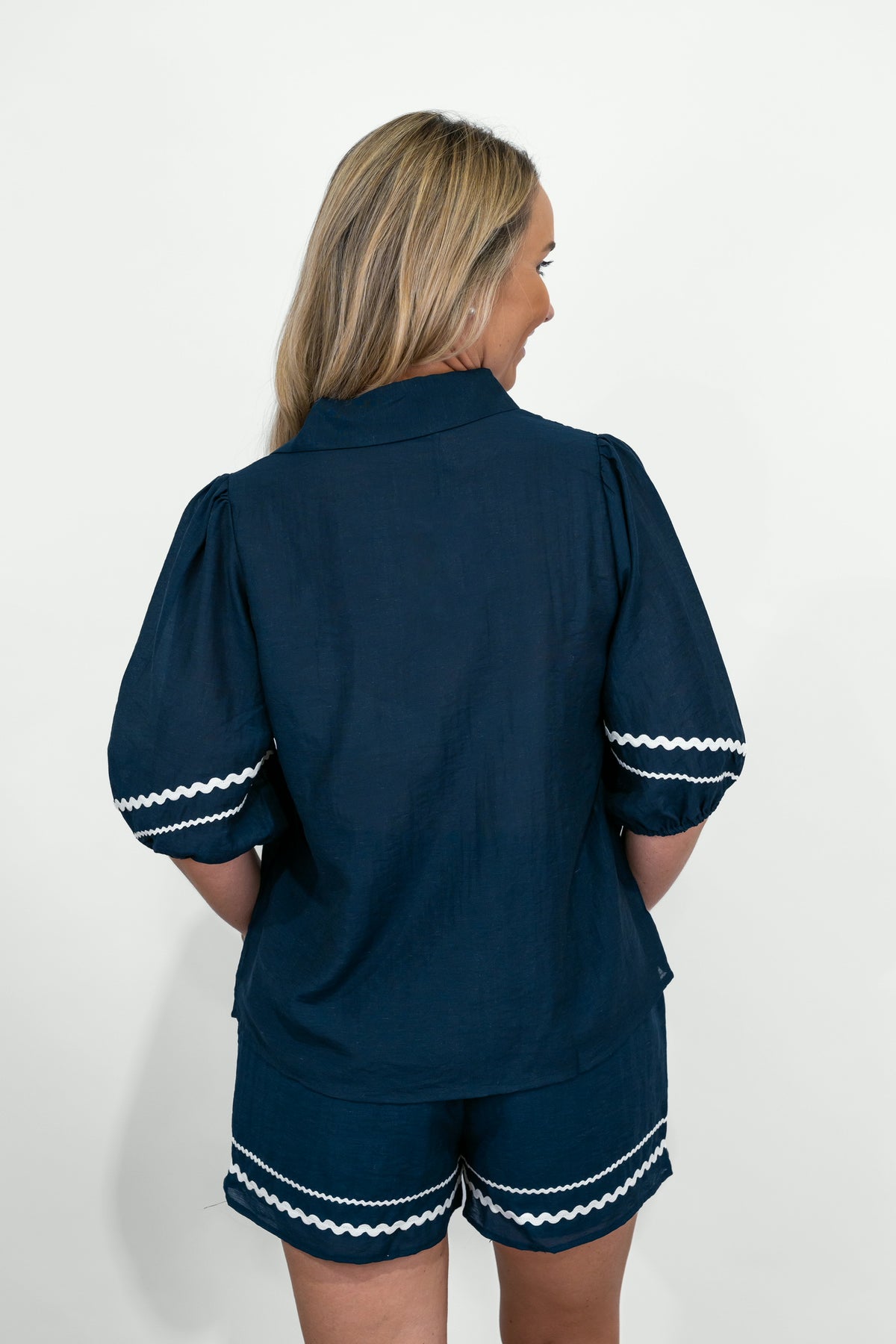 Navy Linen Short Set
