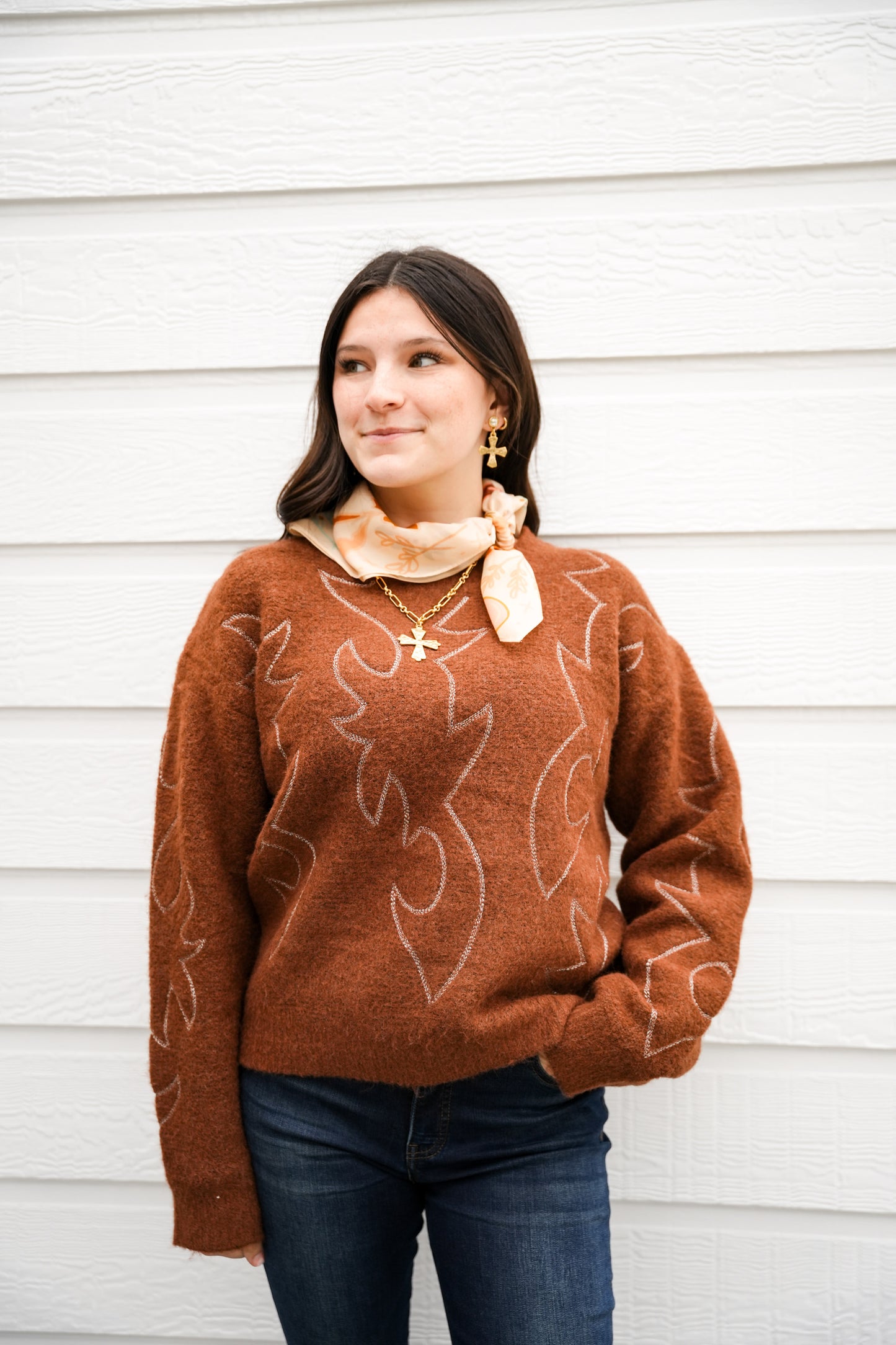 Western Boots Stitched Sweater - Southern Belle Boutique
