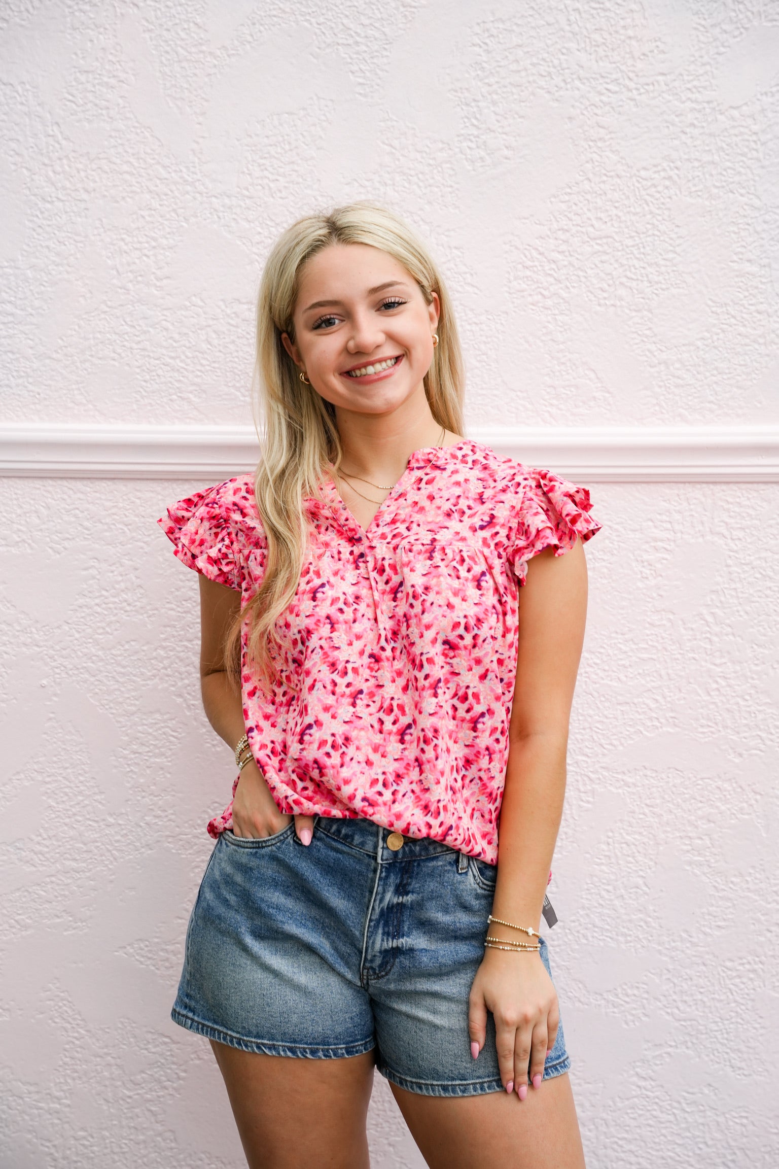Fuchsia Floral Print Split V-Neck Ruffled Sleeve Top - Southern Belle Boutique