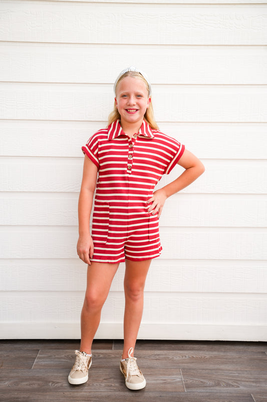 Rust Stripe Short Sleeve Collared Patch Pocket Romper - Southern Belle Boutique