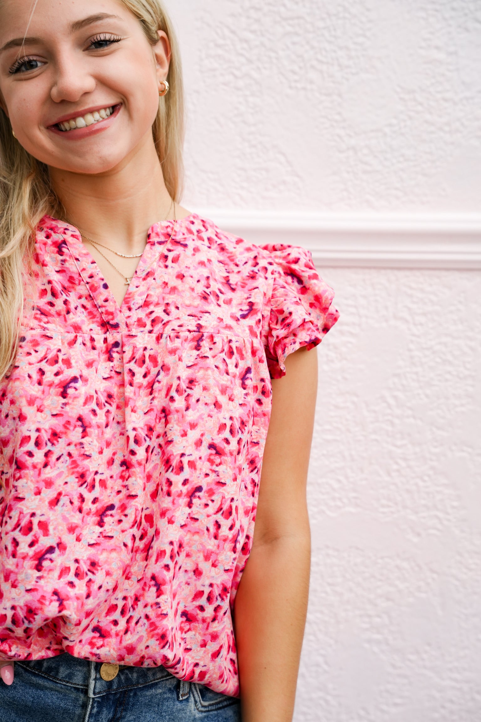 Fuchsia Floral Print Split V-Neck Ruffled Sleeve Top - Southern Belle Boutique