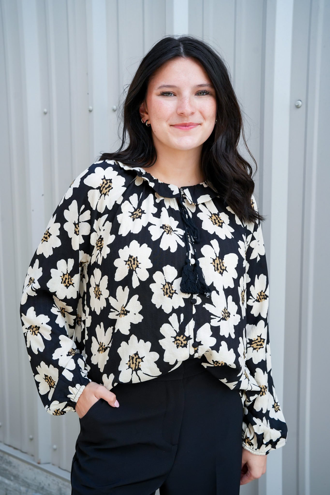 Floral Black Print Button Down Blouse - Southern Belle Boutique