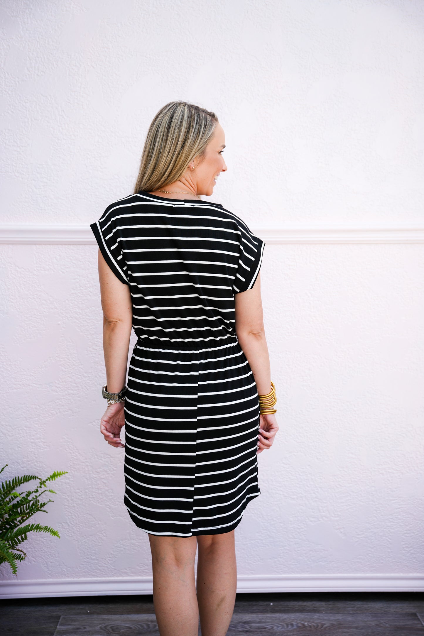 Black White Striped Drawstring Waist Dress - Southern Belle Boutique