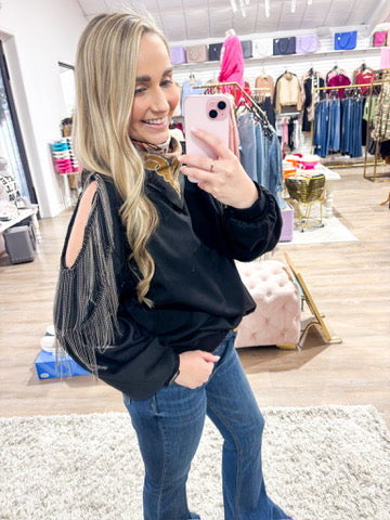 Fringe Cold Shoulder Knit Sweatshirt - Southern Belle Boutique