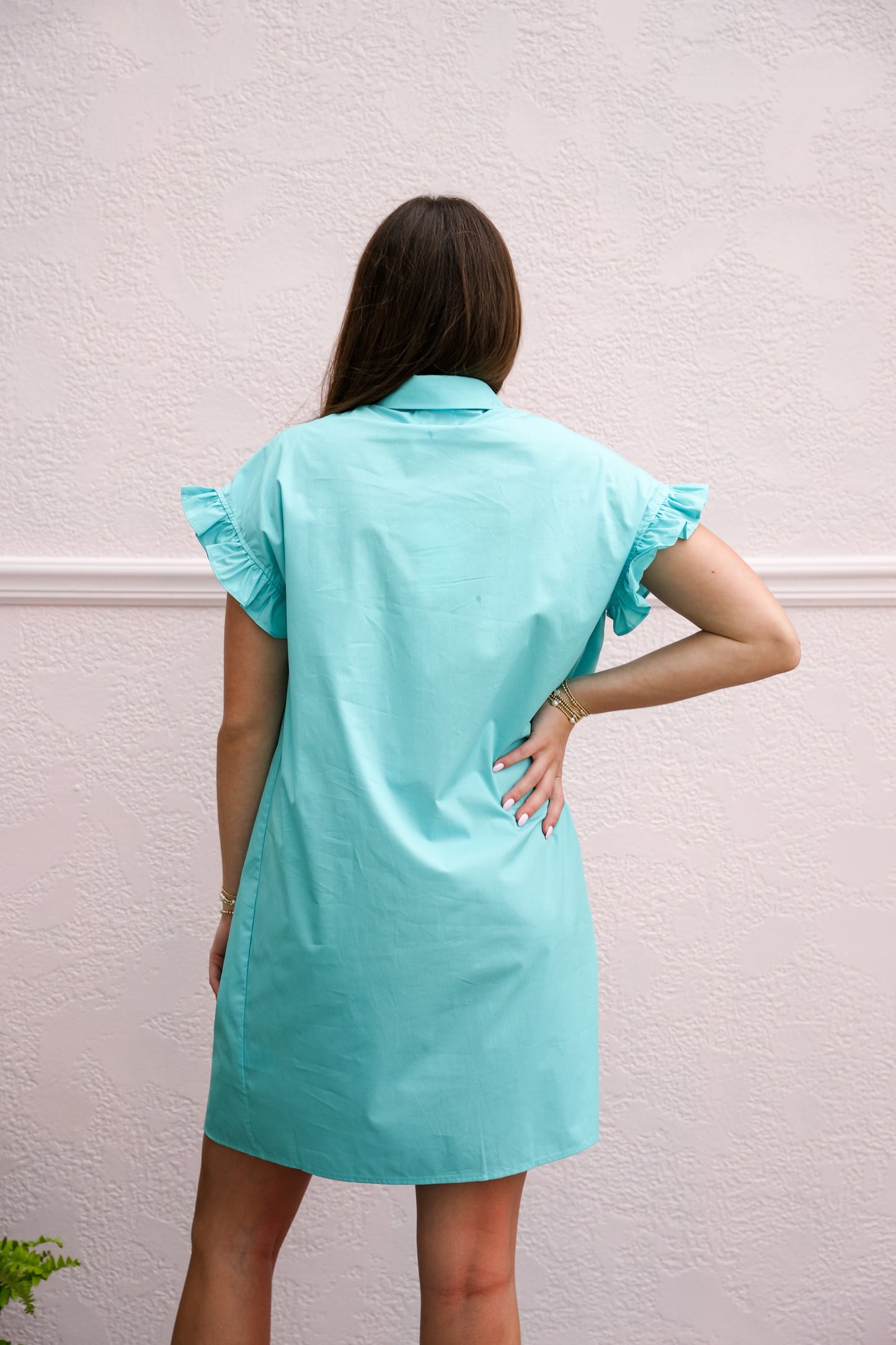Turquoise Gathered Shirt Dress - Southern Belle Boutique