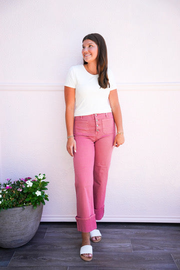 High Rise Wide Leg Front Patch Pocket Cuffed Pants - Brick