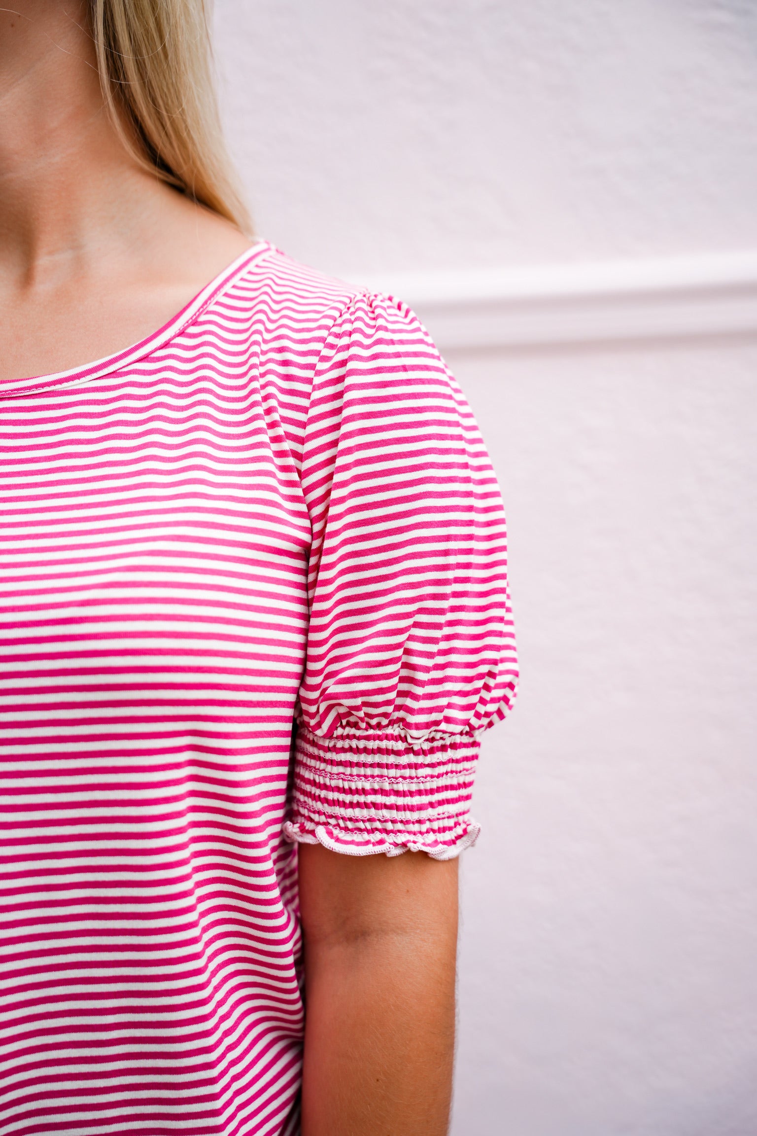 Smocked Cuff Puff Sleeve Striped Top - Fuchsia - Southern Belle Boutique