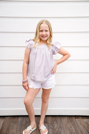 Lavender Smocked Detail Ruffle Shoulder Top - Southern Belle Boutique