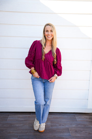 Burgundy Lace VNeck Blouse