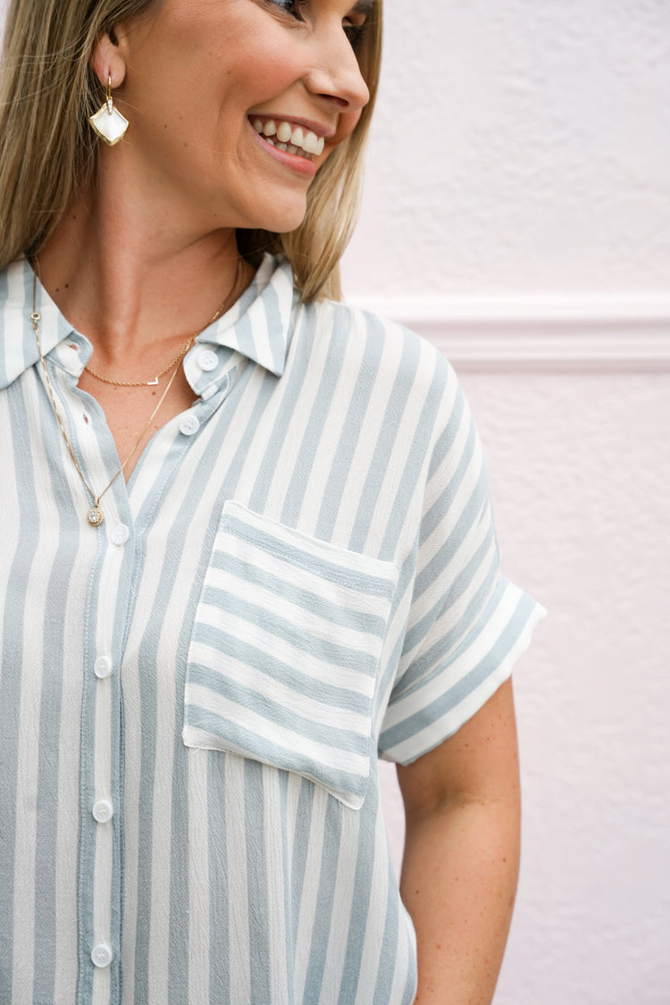 Dusty Blue/White Striped Blouse