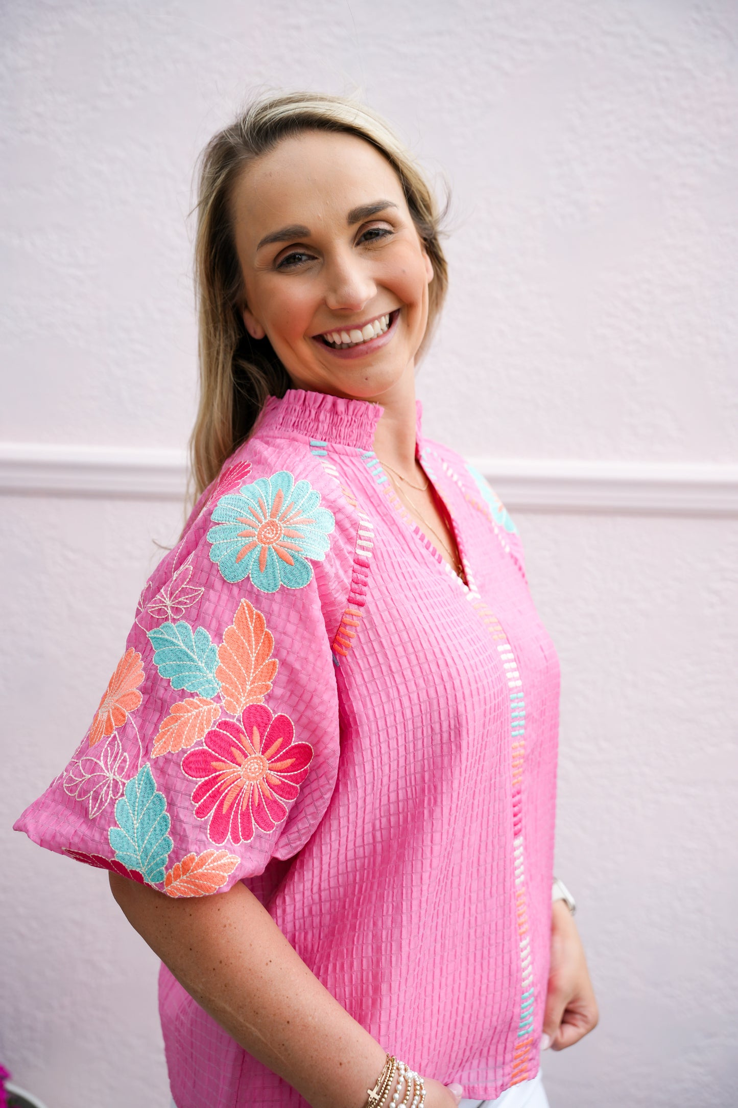 Embroidered Puff Sleeve Textured Top - Pink - Southern Belle Boutique