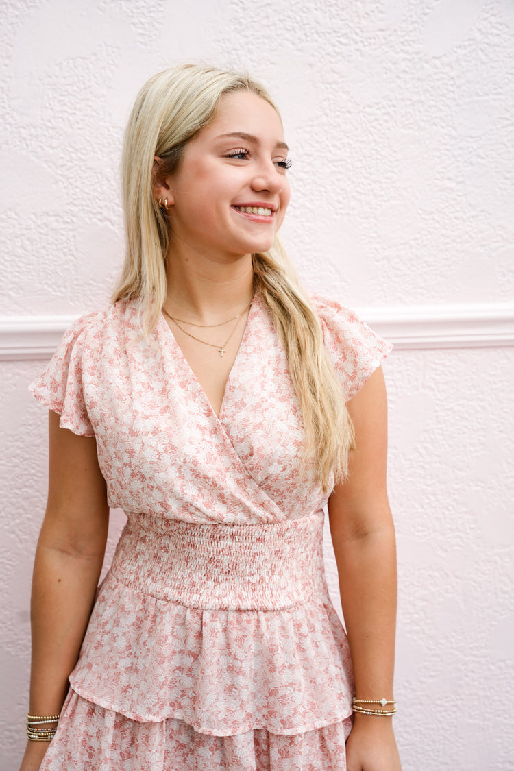 Floral Butterfly Short Sleeve Ruffle Mini Dress